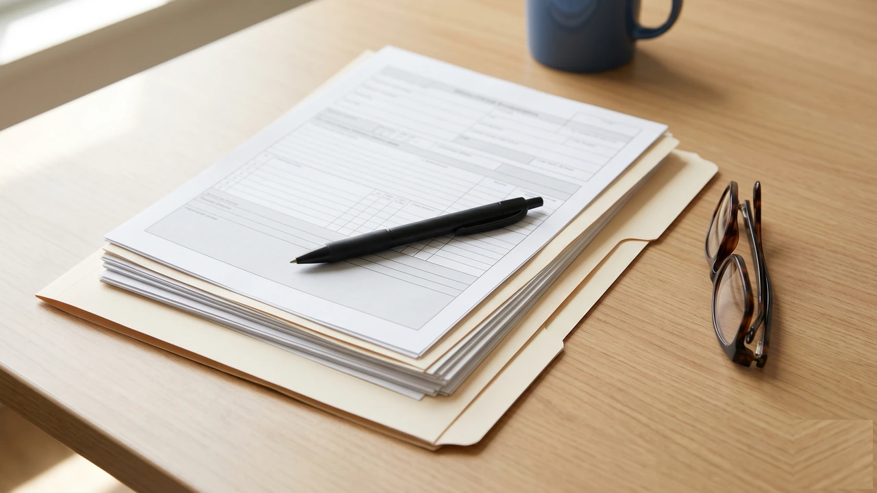 Arbeitslosengeld beantragen 2026 — Unterlagen-Stapel mit Arbeitsbescheinigung und Personalausweis am Schreibtisch