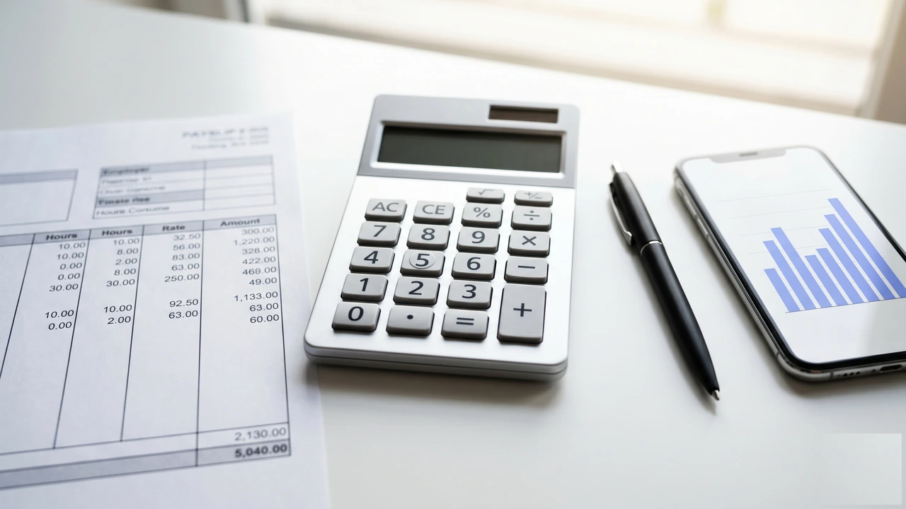 Arbeitslosengeld berechnen 2026 — Taschenrechner und Gehaltsabrechnung am Schreibtisch